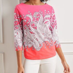The Talbot Tee Bateau Neck Filigree Paisley Print 3/4 Sleeve Pink Sz Large